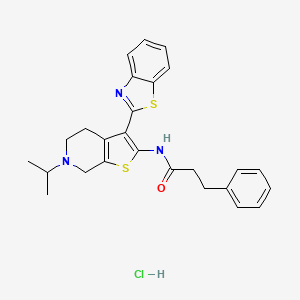 molecular formula C26H28ClN3OS2 B2783408 N-(3-(benzo[d]thiazol-2-yl)-6-isopropyl-4,5,6,7-tetrahydrothieno[2,3-c]pyridin-2-yl)-3-phenylpropanamide hydrochloride CAS No. 1185124-78-0