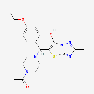 molecular formula C20H25N5O3S B2783411 1-(4-((4-Ethoxyphenyl)(6-hydroxy-2-methylthiazolo[3,2-b][1,2,4]triazol-5-yl)methyl)piperazin-1-yl)ethanone CAS No. 869344-50-3