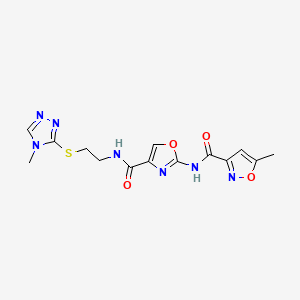 molecular formula C14H15N7O4S B2783475 5-methyl-N-(4-((2-((4-methyl-4H-1,2,4-triazol-3-yl)thio)ethyl)carbamoyl)oxazol-2-yl)isoxazole-3-carboxamide CAS No. 1428352-31-1