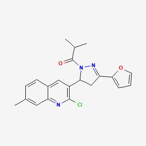 molecular formula C21H20ClN3O2 B2783543 1-[5-(2-chloro-7-methylquinolin-3-yl)-3-(furan-2-yl)-4,5-dihydro-1H-pyrazol-1-yl]-2-methylpropan-1-one CAS No. 923132-10-9