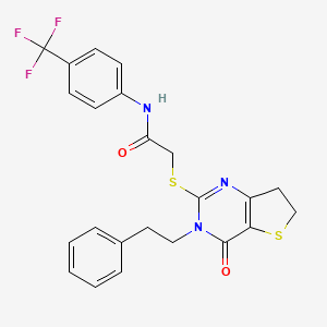 molecular formula C23H20F3N3O2S2 B2783603 2-((4-oxo-3-phenethyl-3,4,6,7-tetrahydrothieno[3,2-d]pyrimidin-2-yl)thio)-N-(4-(trifluoromethyl)phenyl)acetamide CAS No. 877652-40-9