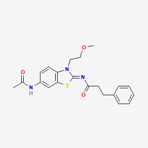 N-[6-acetamido-3-(2-methoxyethyl)-1,3-benzothiazol-2-ylidene]-3-phenylpropanamide