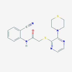 molecular formula C17H17N5OS2 B2783759 N-(2-氰苯基)-2-((3-硫代吗啉吡嗪-2-基)硫基)乙酰胺 CAS No. 1226459-16-0