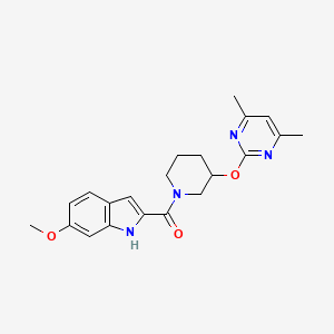 molecular formula C21H24N4O3 B2783925 (3-((4,6-dimethylpyrimidin-2-yl)oxy)piperidin-1-yl)(6-methoxy-1H-indol-2-yl)methanone CAS No. 2097873-29-3