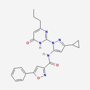 molecular formula C23H22N6O3 B2784124 N-(3-cyclopropyl-1-(6-oxo-4-propyl-1,6-dihydropyrimidin-2-yl)-1H-pyrazol-5-yl)-5-phenylisoxazole-3-carboxamide CAS No. 1207018-32-3