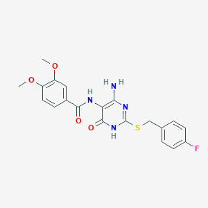 molecular formula C20H19FN4O4S B2784145 N-(4-氨基-2-((4-氟苄基)硫代)-6-氧代-1,6-二氢嘧啶-5-基)-3,4-二甲氧基苯甲酰胺 CAS No. 868228-18-6