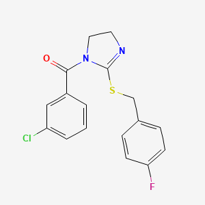 molecular formula C17H14ClFN2OS B2784187 (3-chlorophenyl)(2-((4-fluorobenzyl)thio)-4,5-dihydro-1H-imidazol-1-yl)methanone CAS No. 851865-82-2