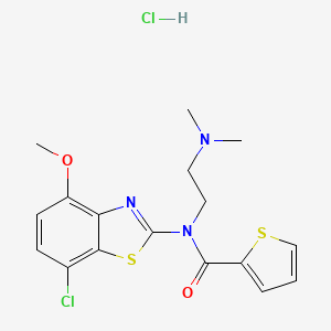 molecular formula C17H19Cl2N3O2S2 B2784235 N-(7-chloro-4-methoxybenzo[d]thiazol-2-yl)-N-(2-(dimethylamino)ethyl)thiophene-2-carboxamide hydrochloride CAS No. 1215738-39-8