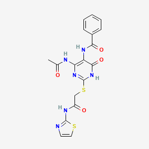 molecular formula C18H16N6O4S2 B2784237 N-(4-acetamido-6-oxo-2-((2-oxo-2-(thiazol-2-ylamino)ethyl)thio)-1,6-dihydropyrimidin-5-yl)benzamide CAS No. 872608-69-0