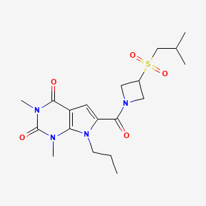 molecular formula C19H28N4O5S B2784242 6-(3-(isobutylsulfonyl)azetidine-1-carbonyl)-1,3-dimethyl-7-propyl-1H-pyrrolo[2,3-d]pyrimidine-2,4(3H,7H)-dione CAS No. 1798035-26-3