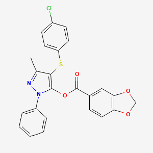 molecular formula C24H17ClN2O4S B2784275 4-((4-chlorophenyl)thio)-3-methyl-1-phenyl-1H-pyrazol-5-yl benzo[d][1,3]dioxole-5-carboxylate CAS No. 851126-48-2