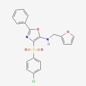 molecular formula C20H15ClN2O4S B2784276 4-((4-chlorophenyl)sulfonyl)-N-(furan-2-ylmethyl)-2-phenyloxazol-5-amine CAS No. 823828-40-6
