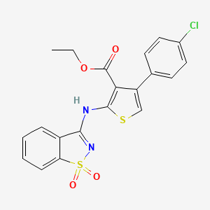 molecular formula C20H15ClN2O4S2 B2784296 Ethyl 4-(4-chlorophenyl)-2-((1,1-dioxidobenzo[d]isothiazol-3-yl)amino)thiophene-3-carboxylate CAS No. 315684-79-8