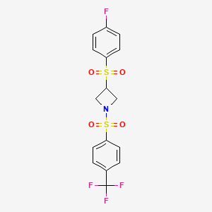 molecular formula C16H13F4NO4S2 B2784302 3-((4-Fluorophenyl)sulfonyl)-1-((4-(trifluoromethyl)phenyl)sulfonyl)azetidine CAS No. 1448064-42-3