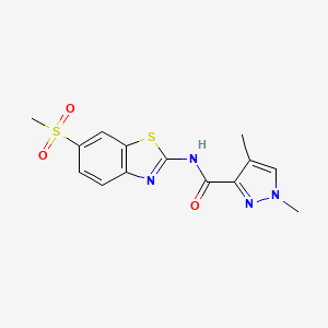 molecular formula C14H14N4O3S2 B2784314 1,4-二甲基-N-(6-(甲磺酰)苯并[1,3]噁唑-2-基)-1H-吡唑-3-甲酰胺 CAS No. 1203371-79-2