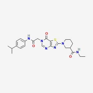 molecular formula C24H30N6O3S B2784317 N-ethyl-1-(6-(2-((4-isopropylphenyl)amino)-2-oxoethyl)-7-oxo-6,7-dihydrothiazolo[4,5-d]pyrimidin-2-yl)piperidine-3-carboxamide CAS No. 1115899-38-1