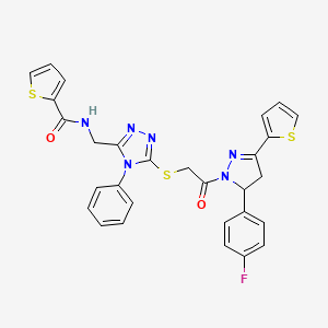molecular formula C29H23FN6O2S3 B2784345 N-[[5-[2-[3-(4-fluorophenyl)-5-thiophen-2-yl-3,4-dihydropyrazol-2-yl]-2-oxoethyl]sulfanyl-4-phenyl-1,2,4-triazol-3-yl]methyl]thiophene-2-carboxamide CAS No. 362507-51-5