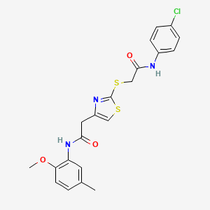 molecular formula C21H20ClN3O3S2 B2784363 N-(4-chlorophenyl)-2-((4-(2-((2-methoxy-5-methylphenyl)amino)-2-oxoethyl)thiazol-2-yl)thio)acetamide CAS No. 954076-55-2