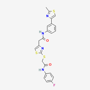 molecular formula C23H19FN4O2S3 B2784380 N-(4-fluorophenyl)-2-((4-(2-((3-(2-methylthiazol-4-yl)phenyl)amino)-2-oxoethyl)thiazol-2-yl)thio)acetamide CAS No. 1203108-02-4