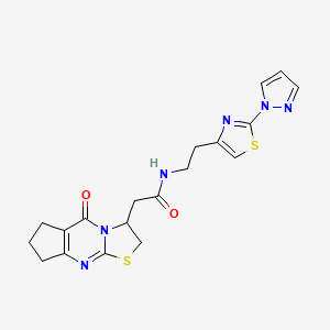 molecular formula C19H20N6O2S2 B2784406 N-(2-(2-(1H-吡唑-1-基)噻唑-4-基)乙基)-2-(5-氧代-2,3,5,6,7,8-六氢环戊[d]噻唑并[3,2-a]嘧啶-3-基)乙酰胺 CAS No. 1448133-07-0
