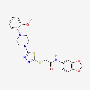 molecular formula C22H23N5O4S2 B2784470 N-(benzo[d][1,3]dioxol-5-yl)-2-((5-(4-(2-methoxyphenyl)piperazin-1-yl)-1,3,4-thiadiazol-2-yl)thio)acetamide CAS No. 1105222-60-3