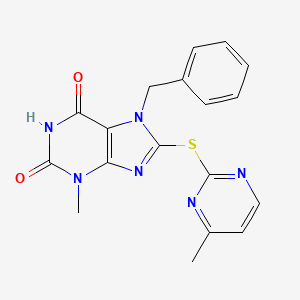 molecular formula C18H16N6O2S B2784503 7-Benzyl-3-methyl-8-(4-methylpyrimidin-2-yl)sulfanylpurine-2,6-dione CAS No. 1795214-01-5
