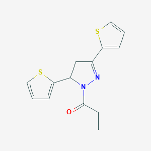 molecular formula C14H14N2OS2 B2784512 1-(3,5-Dithiophen-2-yl-3,4-dihydropyrazol-2-yl)propan-1-one CAS No. 865593-80-2
