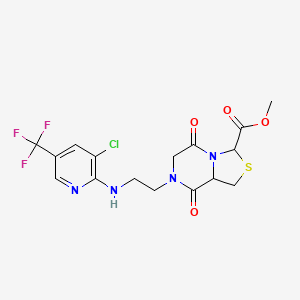 molecular formula C16H16ClF3N4O4S B2784525 Methyl 7-(2-{[3-chloro-5-(trifluoromethyl)-2-pyridinyl]amino}ethyl)-5,8-dioxohexahydro[1,3]thiazolo[3,4-a]pyrazine-3-carboxylate CAS No. 318247-37-9