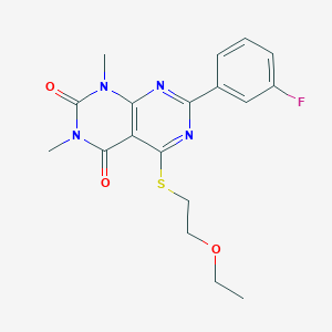 molecular formula C18H19FN4O3S B2784547 5-[(2-ethoxyethyl)sulfanyl]-7-(3-fluorophenyl)-1,3-dimethyl-1H,2H,3H,4H-[1,3]diazino[4,5-d]pyrimidine-2,4-dione CAS No. 872848-43-6