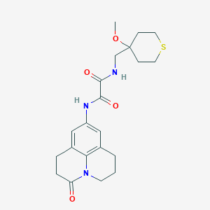molecular formula C21H27N3O4S B2784594 N1-((4-methoxytetrahydro-2H-thiopyran-4-yl)methyl)-N2-(3-oxo-1,2,3,5,6,7-hexahydropyrido[3,2,1-ij]quinolin-9-yl)oxalamide CAS No. 2034589-84-7