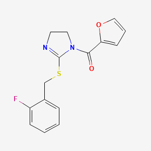 molecular formula C15H13FN2O2S B2784690 [2-[(2-Fluorophenyl)methylsulfanyl]-4,5-dihydroimidazol-1-yl]-(furan-2-yl)methanone CAS No. 851807-24-4