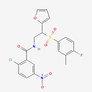 molecular formula C20H16ClFN2O6S B2784720 2-chloro-N-(2-((4-fluoro-3-methylphenyl)sulfonyl)-2-(furan-2-yl)ethyl)-5-nitrobenzamide CAS No. 897620-43-8