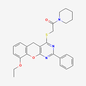 molecular formula C26H27N3O3S B2784750 9-ethoxy-4-[(2-oxo-2-piperidin-1-ylethyl)thio]-2-phenyl-5H-chromeno[2,3-d]pyrimidine CAS No. 895648-99-4
