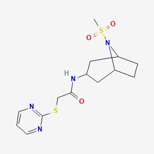 molecular formula C14H20N4O3S2 B2784797 N-(8-(甲磺酰基)-8-氮杂双环[3.2.1]辛烷-3-基)-2-(嘧啶-2-基硫基)乙酰胺 CAS No. 2034559-17-4