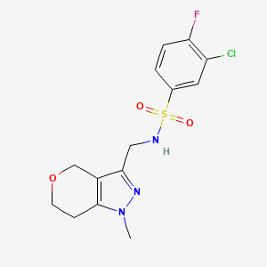 molecular formula C14H15ClFN3O3S B2784838 3-chloro-4-fluoro-N-((1-methyl-1,4,6,7-tetrahydropyrano[4,3-c]pyrazol-3-yl)methyl)benzenesulfonamide CAS No. 1797824-27-1