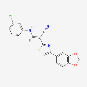 molecular formula C19H12ClN3O2S B2784913 (2E)-2-[4-(1,3-benzodioxol-5-yl)-1,3-thiazol-2-yl]-3-[(3-chlorophenyl)amino]prop-2-enenitrile CAS No. 476676-36-5