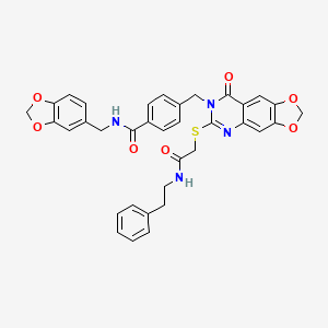 N-(benzo[d][1,3]dioxol-5-ylmethyl)-4-((8-oxo-6-((2-oxo-2-(phenethylamino)ethyl)thio)-[1,3]dioxolo[4,5-g]quinazolin-7(8H)-yl)methyl)benzamide