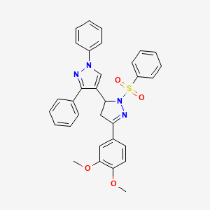 molecular formula C32H28N4O4S B2785026 4-[2-(Benzenesulfonyl)-5-(3,4-dimethoxyphenyl)-3,4-dihydropyrazol-3-yl]-1,3-diphenylpyrazole CAS No. 370853-47-7