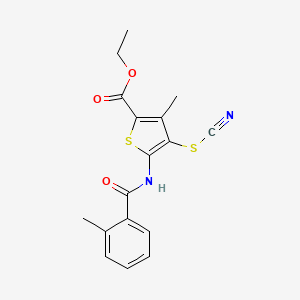 molecular formula C17H16N2O3S2 B2785203 Ethyl 3-methyl-5-(2-methylbenzamido)-4-thiocyanatothiophene-2-carboxylate CAS No. 681156-45-6