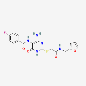 molecular formula C18H16FN5O4S B2785259 N-(4-amino-2-((2-((furan-2-ylmethyl)amino)-2-oxoethyl)thio)-6-oxo-1,6-dihydropyrimidin-5-yl)-4-fluorobenzamide CAS No. 872597-12-1
