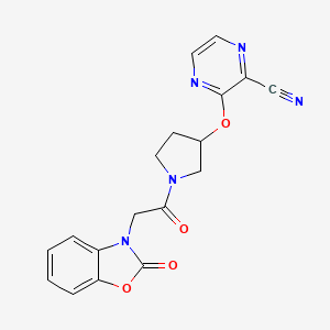 molecular formula C18H15N5O4 B2785303 3-((1-(2-(2-oxobenzo[d]oxazol-3(2H)-yl)acetyl)pyrrolidin-3-yl)oxy)pyrazine-2-carbonitrile CAS No. 2034449-85-7