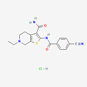molecular formula C18H19ClN4O2S B2785320 2-(4-Cyanobenzamido)-6-ethyl-4,5,6,7-tetrahydrothieno[2,3-c]pyridine-3-carboxamide hydrochloride CAS No. 1216810-21-7