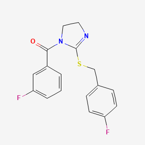 molecular formula C17H14F2N2OS B2785330 (3-Fluorophenyl)-[2-[(4-fluorophenyl)methylsulfanyl]-4,5-dihydroimidazol-1-yl]methanone CAS No. 851865-78-6