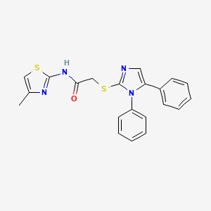 molecular formula C21H18N4OS2 B2785340 2-((1,5-diphenyl-1H-imidazol-2-yl)thio)-N-(4-methylthiazol-2-yl)acetamide CAS No. 765921-43-5