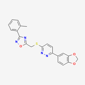 molecular formula C21H16N4O3S B2785366 3-(1,3-Benzodioxol-5-yl)-6-({[3-(2-methylphenyl)-1,2,4-oxadiazol-5-yl]methyl}sulfanyl)pyridazine CAS No. 1111419-50-1