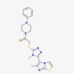 molecular formula C21H23N7OS2 B2785386 2-((4-methyl-5-(6-methylimidazo[2,1-b]thiazol-5-yl)-4H-1,2,4-triazol-3-yl)thio)-1-(4-phenylpiperazin-1-yl)ethanone CAS No. 1105214-37-6