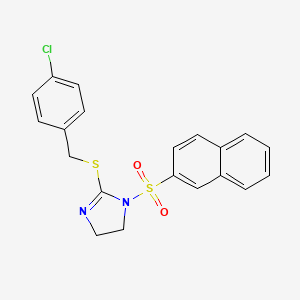 molecular formula C20H17ClN2O2S2 B2785389 2-[(4-Chlorophenyl)methylsulfanyl]-1-naphthalen-2-ylsulfonyl-4,5-dihydroimidazole CAS No. 868217-38-3