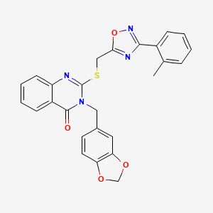 molecular formula C26H20N4O4S B2785391 3-(benzo[d][1,3]dioxol-5-ylmethyl)-2-(((3-(o-tolyl)-1,2,4-oxadiazol-5-yl)methyl)thio)quinazolin-4(3H)-one CAS No. 2034370-38-0