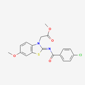 molecular formula C18H15ClN2O4S B2785393 Methyl 2-[2-(4-chlorobenzoyl)imino-6-methoxy-1,3-benzothiazol-3-yl]acetate CAS No. 865199-61-7