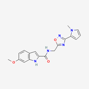 molecular formula C18H17N5O3 B2785507 6-methoxy-N-((3-(1-methyl-1H-pyrrol-2-yl)-1,2,4-oxadiazol-5-yl)methyl)-1H-indole-2-carboxamide CAS No. 2034508-56-8